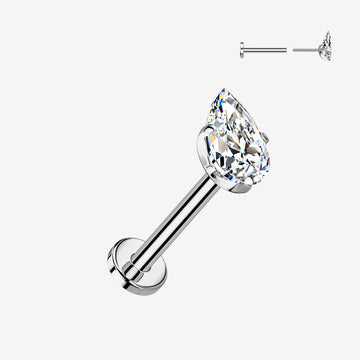 Implant Grade Titanium OneFit Threadless Teardrop Gem Sparkle Top Flat Back Labret-Clear Gem